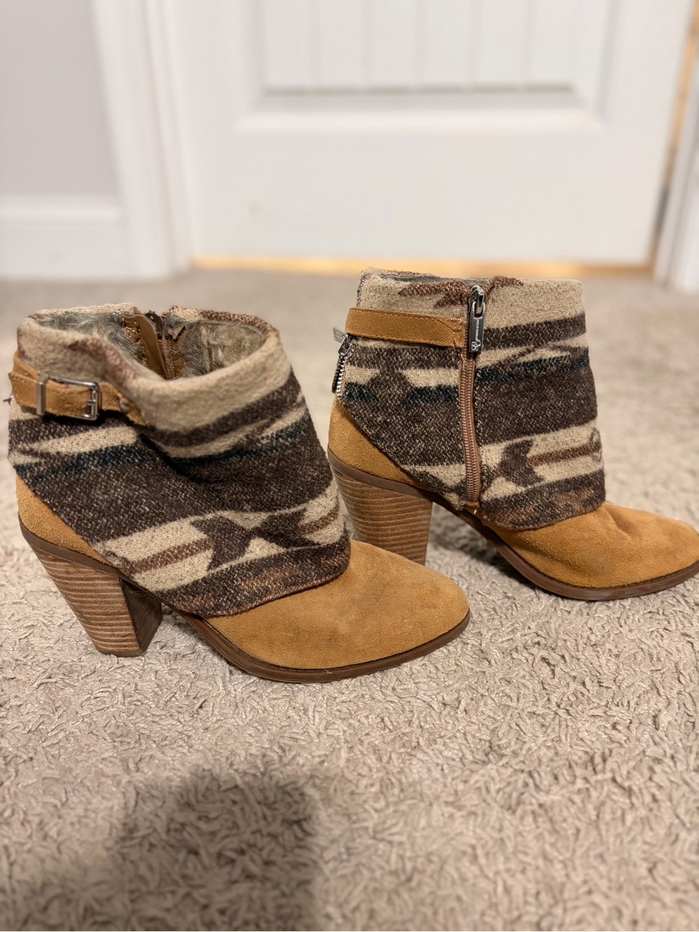 Jessica Simpson Tan Suede Ankle Booties with Brown Patterned Wool Cuff
